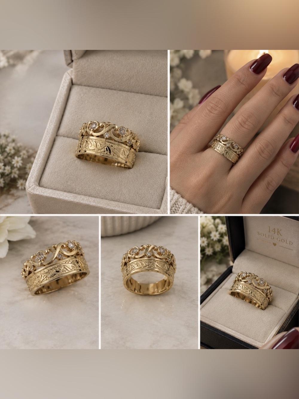 14K Solid Gold Diamond Ring Set – 2 Vintage Crown Rings, Yellow Gold